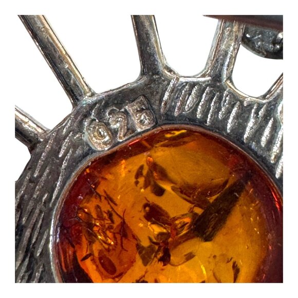 Mid Century Modern Sterling Silver & Amber Brooch Pin Sunburst Cranes Birds VTG - Picture 3 of 6